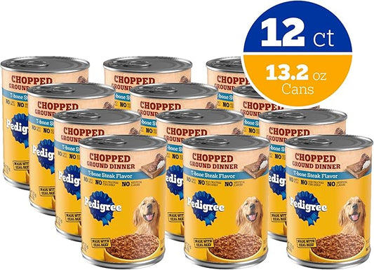 Pedigree Chopped Ground Dinner Adult Soft Wet Dog Food with T-Bone Steak Dinner, Canned Dog Food, 13.2 oz. Cans, 12 Count