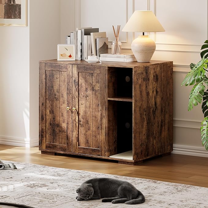 Garvee Dog-Proof Large Cat Litter Box Enclosure with Scratch Pad, Large Automatic Litter Box Furniture for Placing Self-Cleaning Litter Box,Litter Cabinet with Outlet,Space for Cat Stuffs