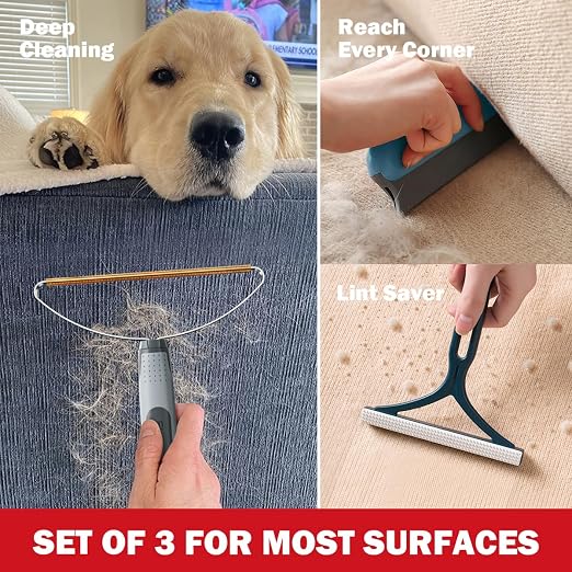 Pet Hair Remover 3-Pack, Reusable Dog & Cat Hair Removal Tools, Lint Shaver | Remove Stubborn Pet Hair, Multi-Fabric Safe, Fur & Lint Cleaner for Couch, Carpets, Cat Trees, Car Mats, Furniture, Pet Bed