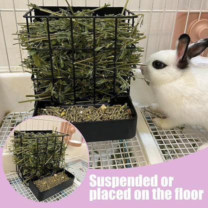 Rabbit Hay Feeder Guinea Pig Hay Feeder with Hook Heavy-Duty Metal Frame Upgrades Hay Rack，Reduce Waste Hay Holder,for Bunny,Rabbit,Chinchilla,Guinea Pig Cage Accessories-6.8x6.7x6.6inch（Black）