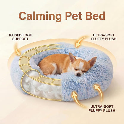 Tiny Dog Bed 15 Inch for Extra Small Dogs,Washable Puppy Bed,Soft Faux Fur Calming Donut Bed for Chihuahua Yorkie Maltese Pomeranian,Blue and White