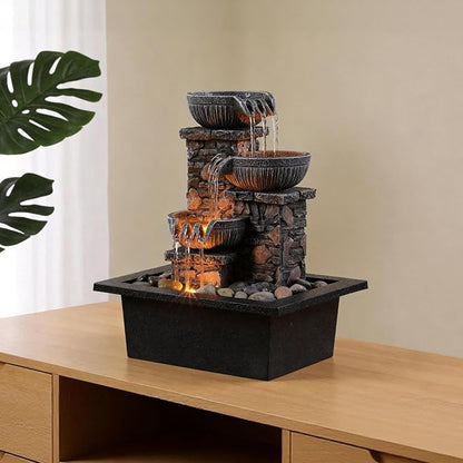 Kalona Tabletop Water Fountain, 3-Bowl Indoor Waterfall with LED Light | 9 cascading streams create soothing water sounds; rock-castle resin decor for meditation, relaxation, home, office or desk.