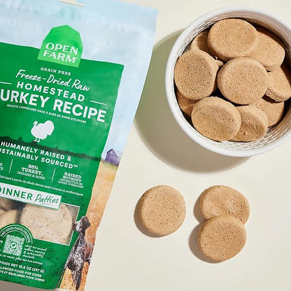 Open Farm, Freeze Dried Raw Dog Food, Patties with 95% Meat, Organs & Bone, Complete Meal or Freeze Dried Dog Food Mixer, Turkey Recipe, 10.5oz Bag