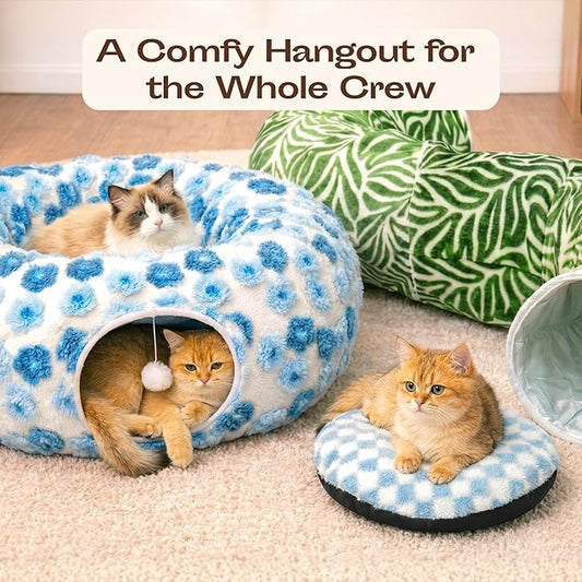 Meowfia Indoor Cat Tunnel with Donut Bed - Large Flexible Play Space for Multiple Pets - Circle or Snake Shape, Cozy Lounge (Azure Check)