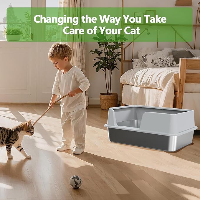 Stainless Steel Litter Box with Lid,Large Litter Metal Litter Box with High Sided, Anti-Urine Leakage, Easy Cleaning & Odor-Less, Include Metal Scoop