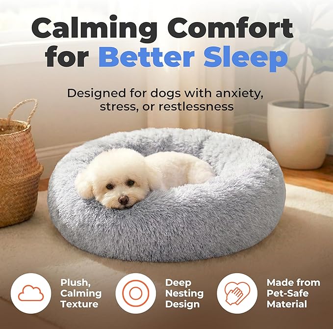 Best Pet Supplies Round Calming Dog Bed for Small, Medium & Large Dogs, Plush Donut Cuddler Pet Bed w/Raised Rim for Head, Neck Support, Anti-Slip Bottom Washable Bed - Light Warm Gray, 30 x 30 x 8