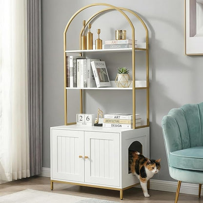 Homhedy Cat Litter Box Enclosure, Litter Box Furniture Hidden with 2-Tier Storage Shelves, Wooden Cat Washroom Furniture with Metal Frame, Modern Style, White and Gold