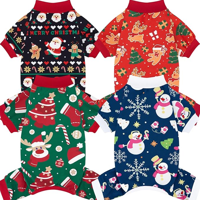 XPUDAC 4 Pack Christmas Dog Pajamas Comfy Dog Clothes for Small Medium Dogs Girl Boy Holiday Pet Outfit Winter Puppy Jumpsuits Pet Pjs Apparel, 2XL