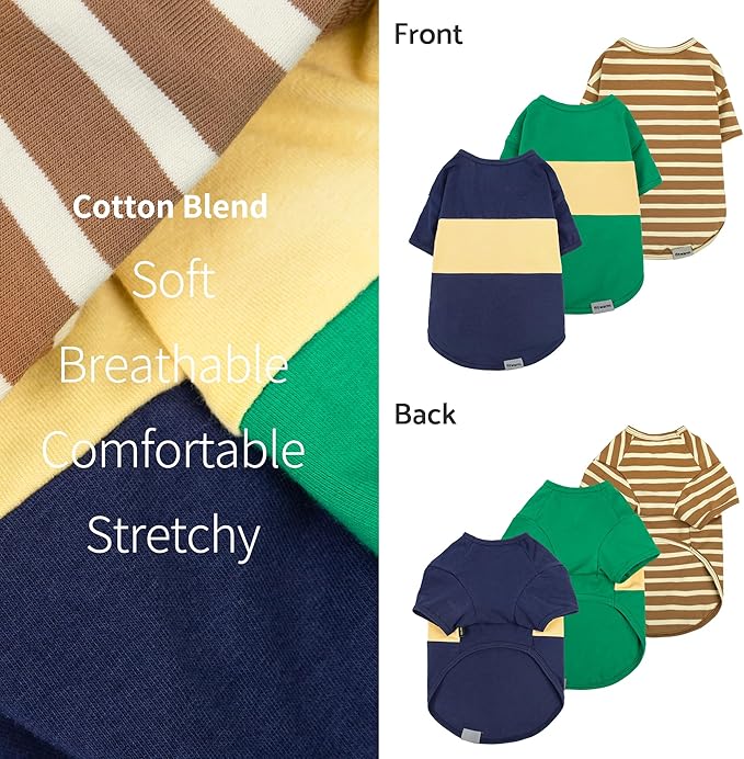 Fitwarm 3 Pack Color Block Striped Dog Shirt, Summer Dog Clothes for Small Dogs, Breathable Lightweight Dog Tshirt, Pet Outfit, Navy Blue, Sea Green, Brown, Small