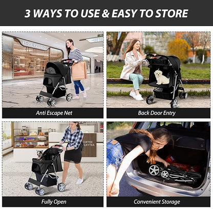 Unisakey 4 Wheels Pet Stroller for Small Medium Dogs Cats 10-33 lbs, Foldable Dog and Cat Stroller with Cup Holder & Storage Basket & Breathable Mesh, Pet Strolling Cart for All-Season, Black
