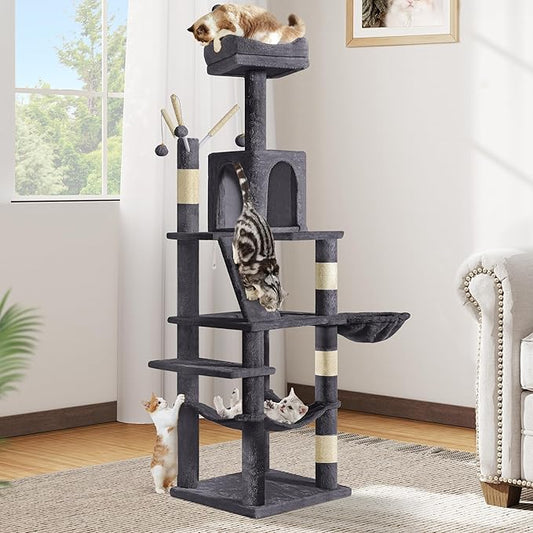 DWVO 64.5 Inch Tall Cat Tree, Multi-Tier Cat Condo with Hammock, Scratching Posts & Play Balls for 2-3 Cats (Dark Gray)