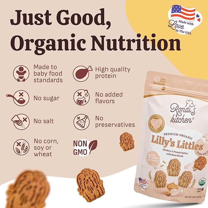 Rondi's Kitchen Lilly's Littles Organic Tender Dog Treats - Natural Doggie Cookie for Small Dogs, Puppy, Senior, Training - Human Grade Superfood Biscuit with Bone Broth - Chicken & Peanut Butter