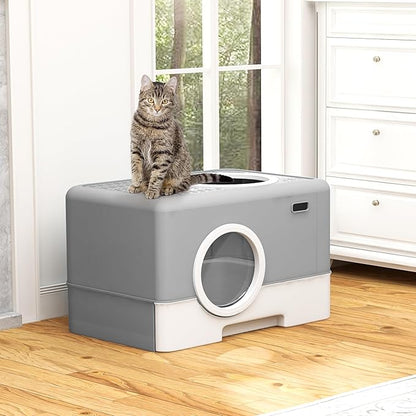 DWVO Enclosed Cat Litter Box with Two-Way Entry/Exit, Large Hooded Anti-Splash Cat Toilet with Lid, Hidden Litter Scoop - Gray