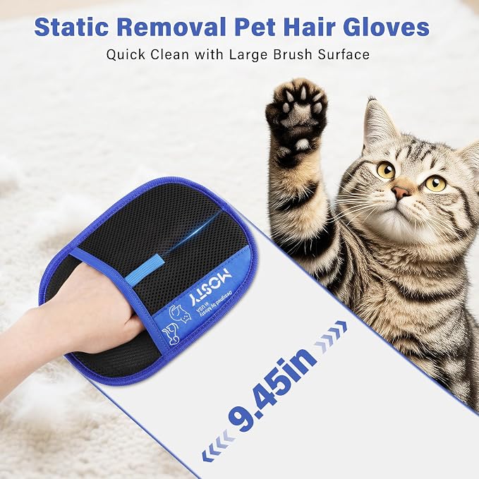 MOSTY Reusable Electrostatic Pet Hair Remover Glove for Dogs & Cats, 2PCS | Washable Magic Fur Remover Tool for Couch,Carpet,Car Seat,Sofa, Double Sided Pet Deshedding Glove, Ideal Gift for Pet Owners