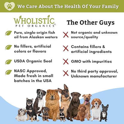 Wholistic Pet Organics Wild Alaskan Salmon Oil for Dogs and Cats - Omega 3 Fish Oil for Dogs & Cats - Cat & Dog Skin and Coat Supplement for Heart, Joints - DHA, EPA Omega 3 Liquid Food Topper - 8 oz
