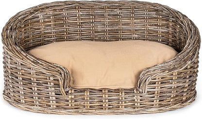 DBD1005A Elevated 27.5" x 17" Bohemian Handwoven Rattan Dog Daybed with Machine-Washable Cushion, Natural