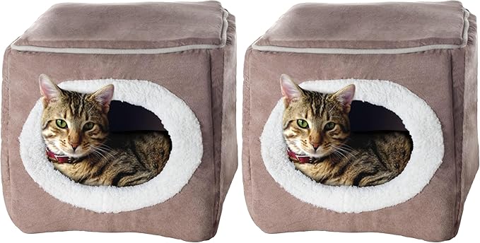 Cat House - Indoor Bed with Removable Foam Cushion - Cat Cave for Puppies, Rabbits, Guinea Pigs, and Other Small Animals by PETMAKER (Light Brown) (Pack of 2)