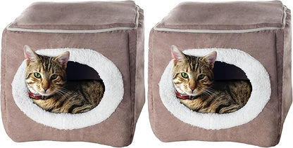 Cat House - Indoor Bed with Removable Foam Cushion - Cat Cave for Puppies, Rabbits, Guinea Pigs, and Other Small Animals by PETMAKER (Light Brown) (Pack of 2)
