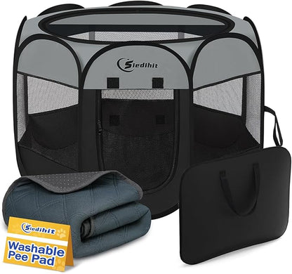 Siedihit Dog Cat Playpen with Washable Pee Pad, Puppy Pet Playpen Indoor for Small Dog Crate Tent Cage Outdoor, Portable Pop Up Dogs Enclosure Kennel with Carrying Case,Dark Grey