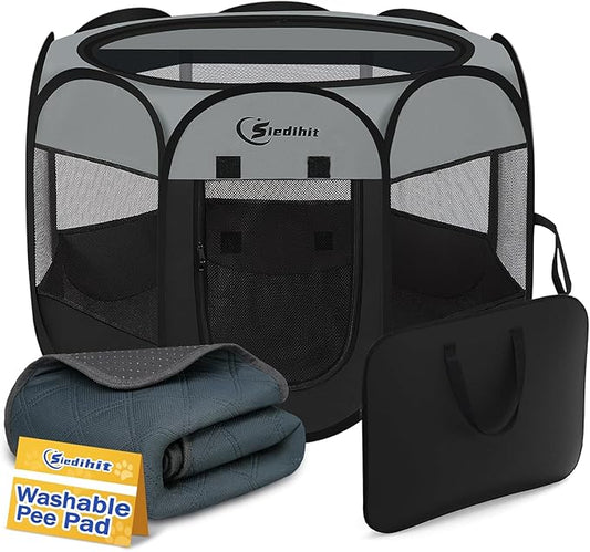Siedihit Dog Cat Playpen with Washable Pee Pad, Puppy Pet Playpen Indoor for Small Dog Crate Tent Cage Outdoor, Portable Pop Up Dogs Enclosure Kennel with Carrying Case,Dark Grey
