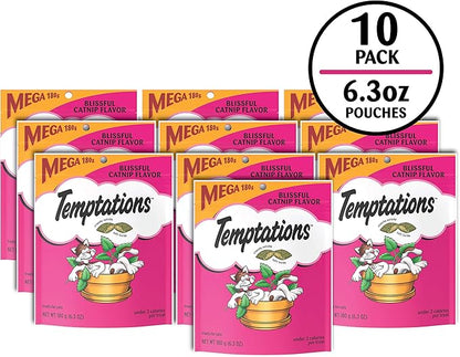 Temptations Cat Treats, Classic Crunchy and Soft Cat Treats, Blissful Catnip Flavor, Catnip Treats, 6.3 oz. Pouch (Pack of 10)