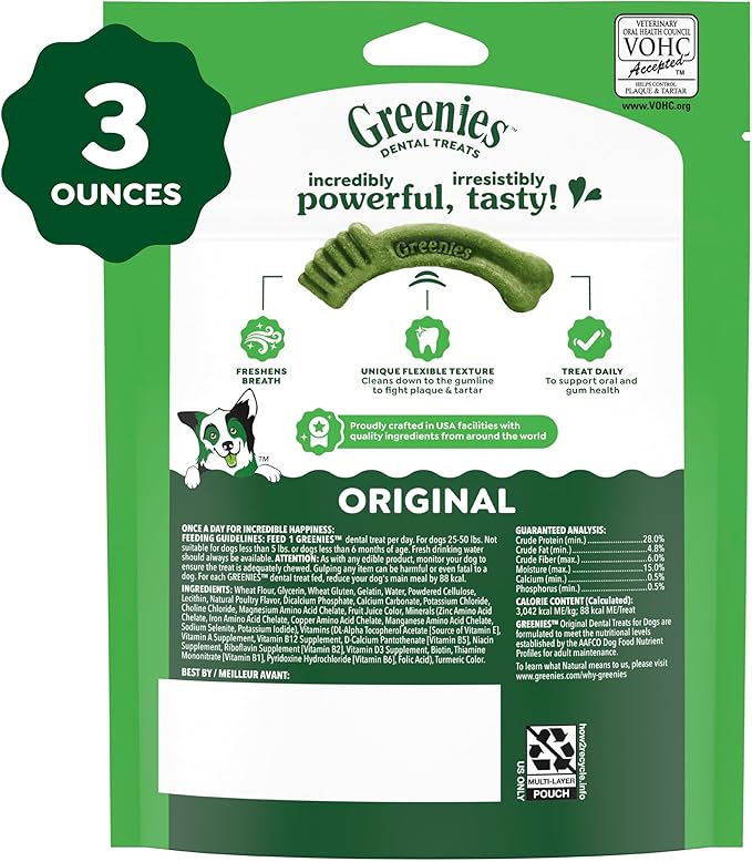 Greenies Veterinarian-Recommended Adult Natural Dental Dog Treats Regular Size, Dog Dental Chews, Original Flavor, 3 oz. Pack, 3 Count