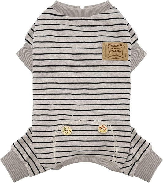 KYEESE Dog Pajamas Soft 4 Legs Doggie Jammies Striped Dog PJS Pet Jumpsuit Comfy Puppy PJS Clothes Breathable Pajamas Stretchable Outfit Cozy Onesie Sleepwear for Summer,Ivory Brown Striped, Small