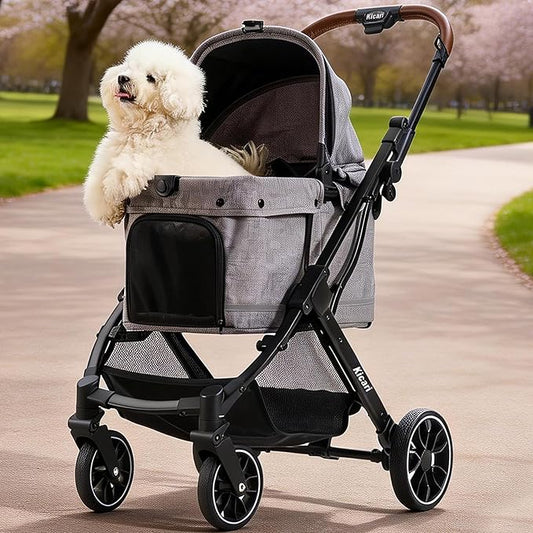 All-Terrain Dog Stroller for Small to Medium Dogs, Pet Stroller for Dogs & Cats Outdoor Walks, One-Hand Easy Fold, Double-Layer Anti-UV & Waterproof Canopy & Breathable Mesh, Charcoal Gray