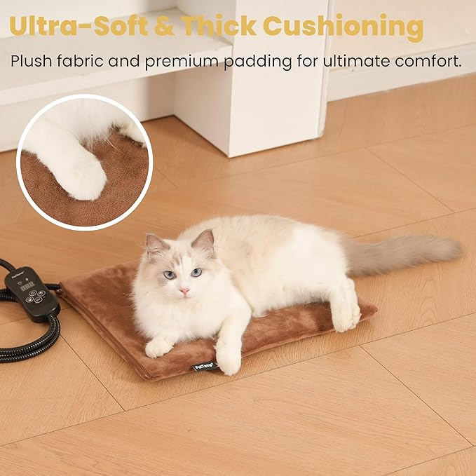 Cat Heating Pad, Heated Cat Bed with 5 Heat Levels, Timer & Auto Shut-Off, Waterproof Warmer with Thick Fleece Cover, Chew-Resistant Cord, for Indoor & Sheltered Outdoor Use, 16" x 13"