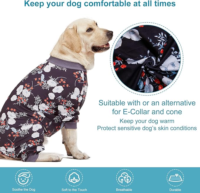 LovinPet Medium/Big Breeds Large Dog Pajamas, Anti Licking, Wound Care/Post Surgery Dogs Pajamas, Lightweight Stretchy Fabric, Beautiful Bouquets Black Print Large Dog Onesies, Pet PJ's /2XL