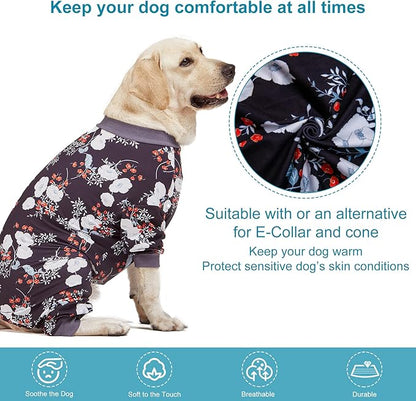 LovinPet Medium/Big Breeds Large Dog Pajamas, Anti Licking, Wound Care/Post Surgery Dogs Pajamas, Lightweight Stretchy Fabric, Beautiful Bouquets Black Print Large Dog Onesies, Pet PJ's/Medium