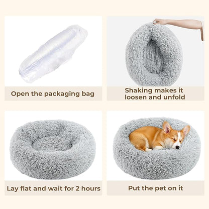 Calming Anti-Anxiety Donuts Dog and Cat Bed for Indoor Cats, Round Fluffy Soft Washable Extra Large Pet Bed for Puppy and Kitten, Warming Comfortable Luxury Anti-Slip Waterproof Mute Base 32in Gray