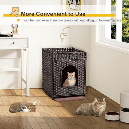 Snughome Cat Litter Box Enclosure Furniture Hidden with Litter Mat, Hidden Cat Washroom Furniture with Door, Handwoven Rattan Cat Washroom Box, Indoor Pet House for Living Room, Bedroom (Brown)
