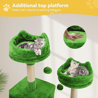 DWVO 75 in Multi-Level Cat Tower: Tall Cats Tree for Indoor Kittens, Pet Furniture with Kitty Condos, Top Perches, Sisal Ramp Scratching Posts, Cozy Basket, Hammocks, Green