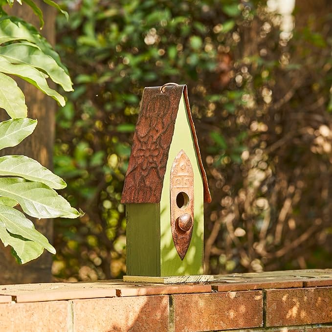 Glitzhome Vintage Hanging Birdhouse - Green Distressed Solid Wood Weatherproof Cottage Bird Shelter & Rustic Decor for Garden/Patio - Ready-to-Hang (13.25")