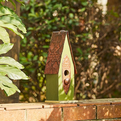 Glitzhome Vintage Hanging Birdhouse - Green Distressed Solid Wood Weatherproof Cottage Bird Shelter & Rustic Decor for Garden/Patio - Ready-to-Hang (13.25")