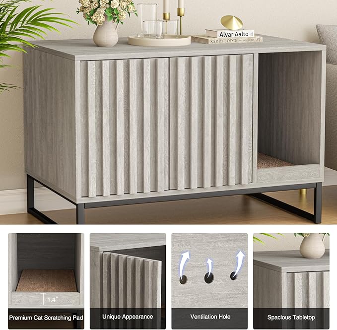 Halitaa Litter Box Enclosure, Modern Cat Litter Box Enclosure Furniture Hidden Litter Box with Cat Scratch Pad, Cat Washroom Cat House End Table, Entryway Bench for Livingroom (Grey)