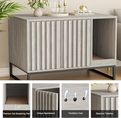 Halitaa Litter Box Enclosure, Modern Cat Litter Box Enclosure Furniture Hidden Litter Box with Cat Scratch Pad, Cat Washroom Cat House End Table, Entryway Bench for Livingroom (Grey)