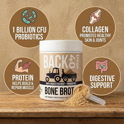 Back 40 Dogs Grass-Fed Beef Bone Broth Powder for Dogs with Probiotics, Chondroitin & Glucosamine – Supports Gut Health, Joint & Immune System – Human Grade Dog Food Toppers for Picky Eaters, 6.4oz