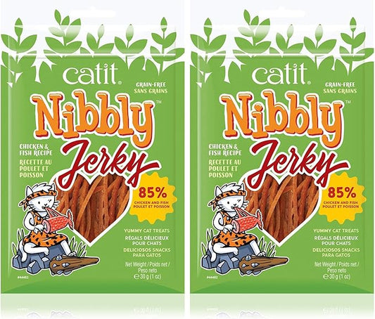 Catit Nibbly Jerky Cat Treats, Chicken & Fish Recipe - Grain-Free Cat Treat White, 1 Ounce (Pack of 2)