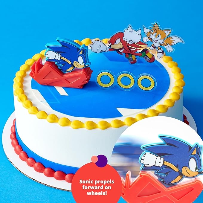 DecoSet Sonic The Hedgehog Cake Topper, 3-Piece Decoration Set With Tails & Knuckles Cake Pic, Rings Cake Pic And Rolling Sonic Action Figurine, For Birthday And Celebrations