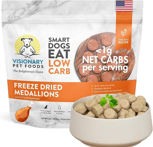 Visionary Pet Foods Freeze Dried Raw Dog Food, Topper & Meal Mixer – Real Chicken | KetoPet Research Formula | Less Than 1g Net Carbs | Ketogenic | Grain Free High Protein | Made in USA | 25oz