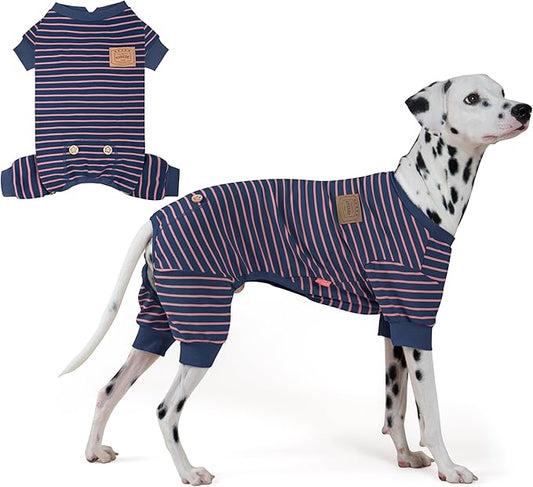 KYEESE Dog Pajamas, Striped Clothes Pet PJS, Velvet Fleece Doggie Jammies, 4 Legs Outfit Soft Dog Pajamas, Cozy Pet Clothes Onesie, Comfortable PJS for Medium Dogs,Navy Blue Striped, XX-Large