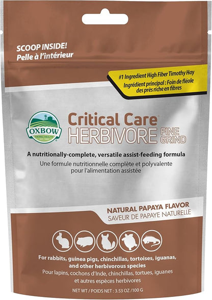 Oxbow Critical Care Herbivore, Fine Grind, Emergency Rabbit & Guinea Pig Food, Made with Timothy Hay, Natural Papaya Flavor, Assist Feeding Formula for Pets, 100 gram bag