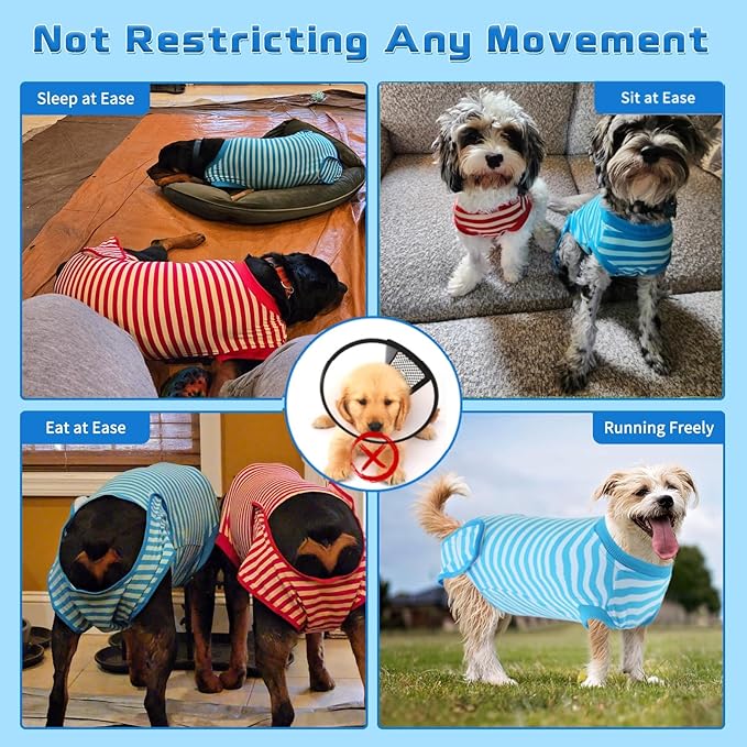 2 Packs Breathable Cotton Dog Recovery Suit for After Neuter Spay Abdominal Wounds Protector, Professional Anti-Licking Onesies for Male Female Pets Surgery Bandages, XL Red & Blue Stripes
