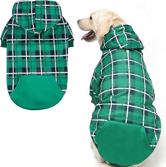 EXPAWLORER Plaid Dog Hoodie - British Style Warm Dog Sweater Shirt with Leash Hole,Pitbull Clothes Outfits,Winter Coat Apparel for All Breeds Puppy Girl Boy-Cat Apparel,Green Large