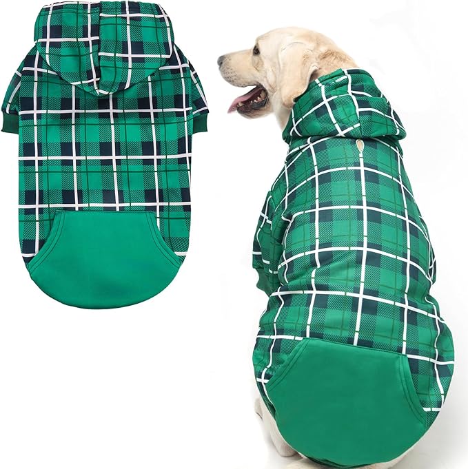 EXPAWLORER Plaid Dog Hoodie - British Style Warm Dog Sweater Shirt with Leash Hole,Pitbull Clothes Outfits,Winter Coat Apparel for All Breeds Puppy Girl Boy-Cat Apparel,Green X-Large