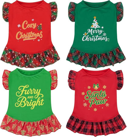 XPUDAC 4 Pack Christmas Dog Dress Plaid Puppy Clothes for Small Dogs Girl Cute Pet Outfit Doggy Apparel Cat Holiday Party Costume, Red, Green, XS