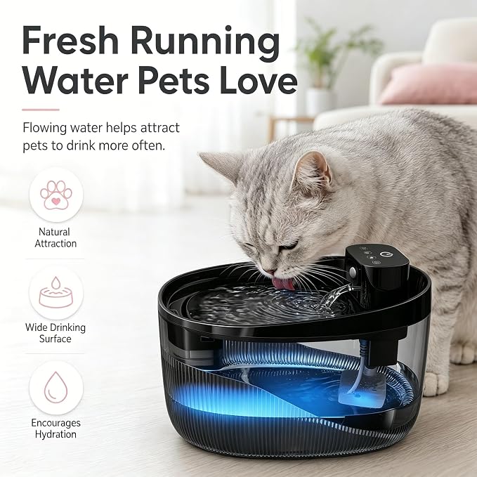 74oz/2.2L Cordless Cat Water Fountain, 5000mAh Battery Operated | 3 Smart Modes, with Motion Sensor, Ultra-Quiet, Pet Drinking Dispenser with LED Light, Wireless Fountain for Cats, Dogs