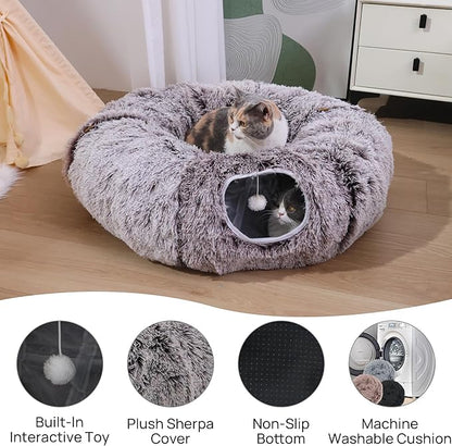 Plush Cat Tunnel Bed for Indoor Cats with Soft Cushion, Multi-Shape Play Cave with Hanging Balls, Large and Foldable Cat Donut Tunnel for Small and Large Pets (Brown)